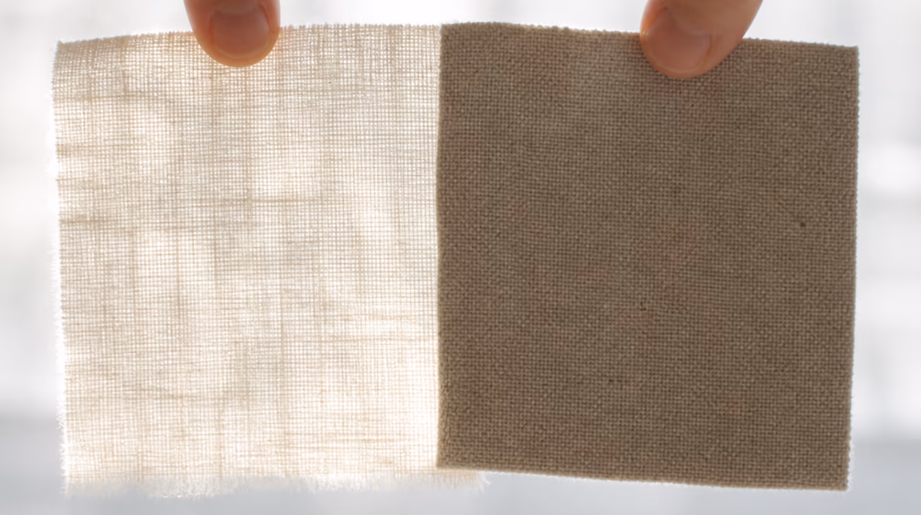 The light test: the open weave on the left passes light, the dense one on the right does not. This is how a weight difference is seen without a laboratory.