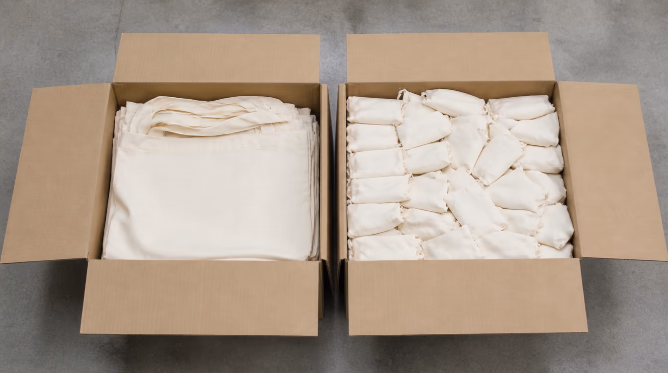 Le même carton, à gauche des sacs pliés à plat, à droite pliés dans leur poche. L'écart passe directement dans la facture de transport.