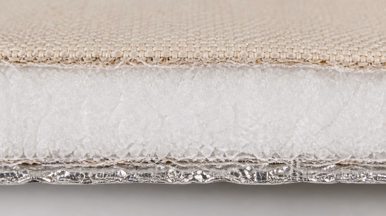 Panel cross section: outer fabric, foam insulation in the middle, silver lining inside. Without the foam a bag only looks insulated.