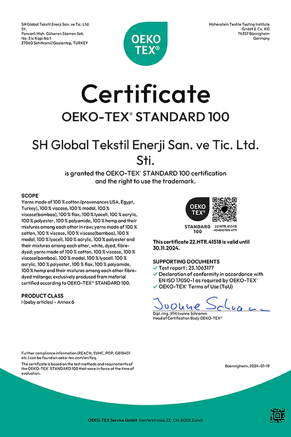 OEKO-TEX® Standard 100 · Certificat de matière première textile