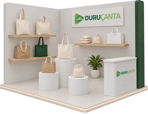 Duru Bag booth at MÜSİAD EXPO 2026 with fabric bag ranges on display